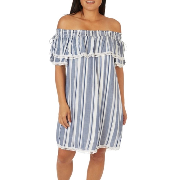 Luxology Dresses & Skirts - Luxology Dress Striped Off the Shoulder Short Sleeves Ruffle Coastal Nau…